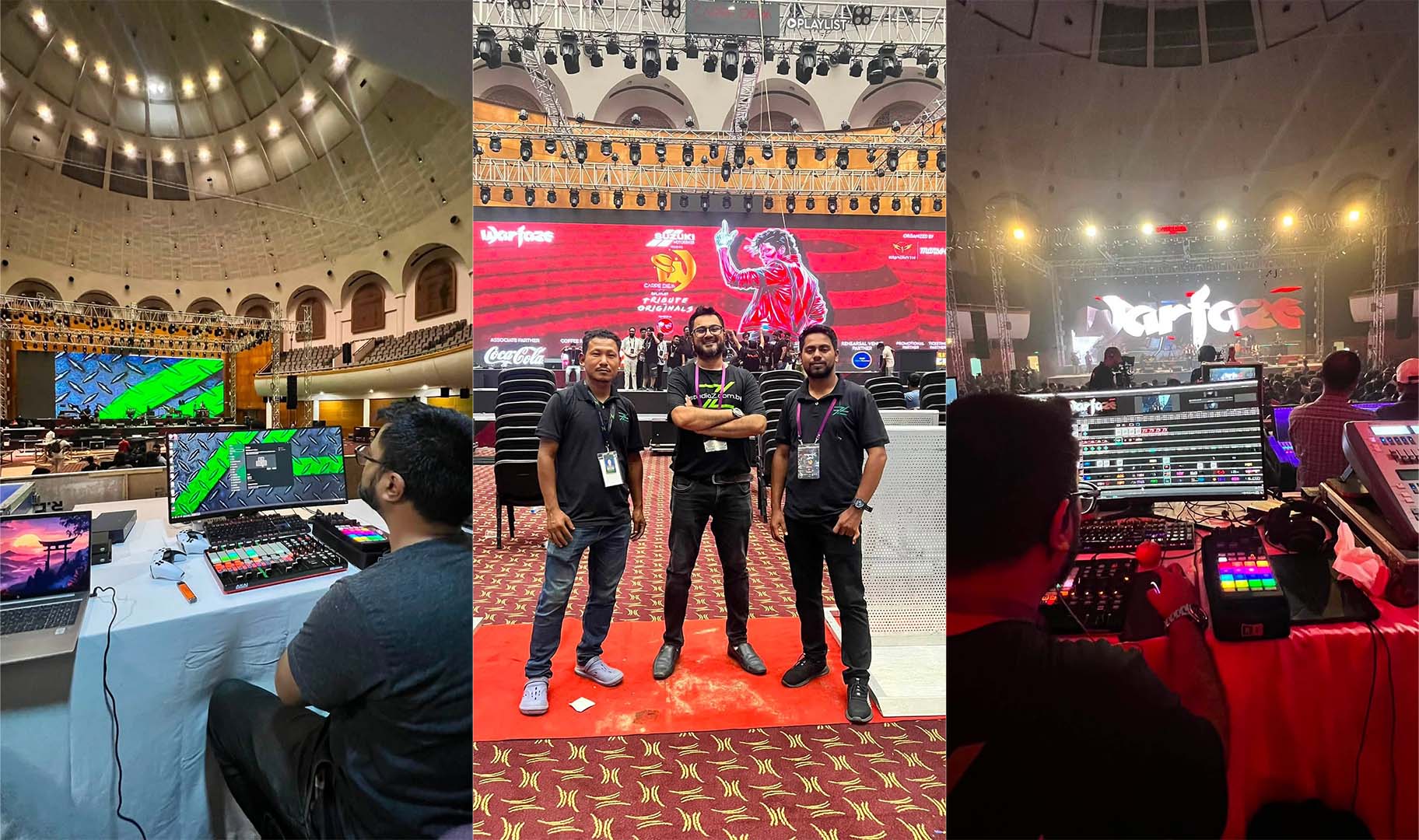 Zunayed Sabbir Ahmed at the technical panel with the Studio Z team, Ariful Islam Bappi and Bikhil Rema, at the Warfaze Michael Jackson tribute, BICC Dhaka