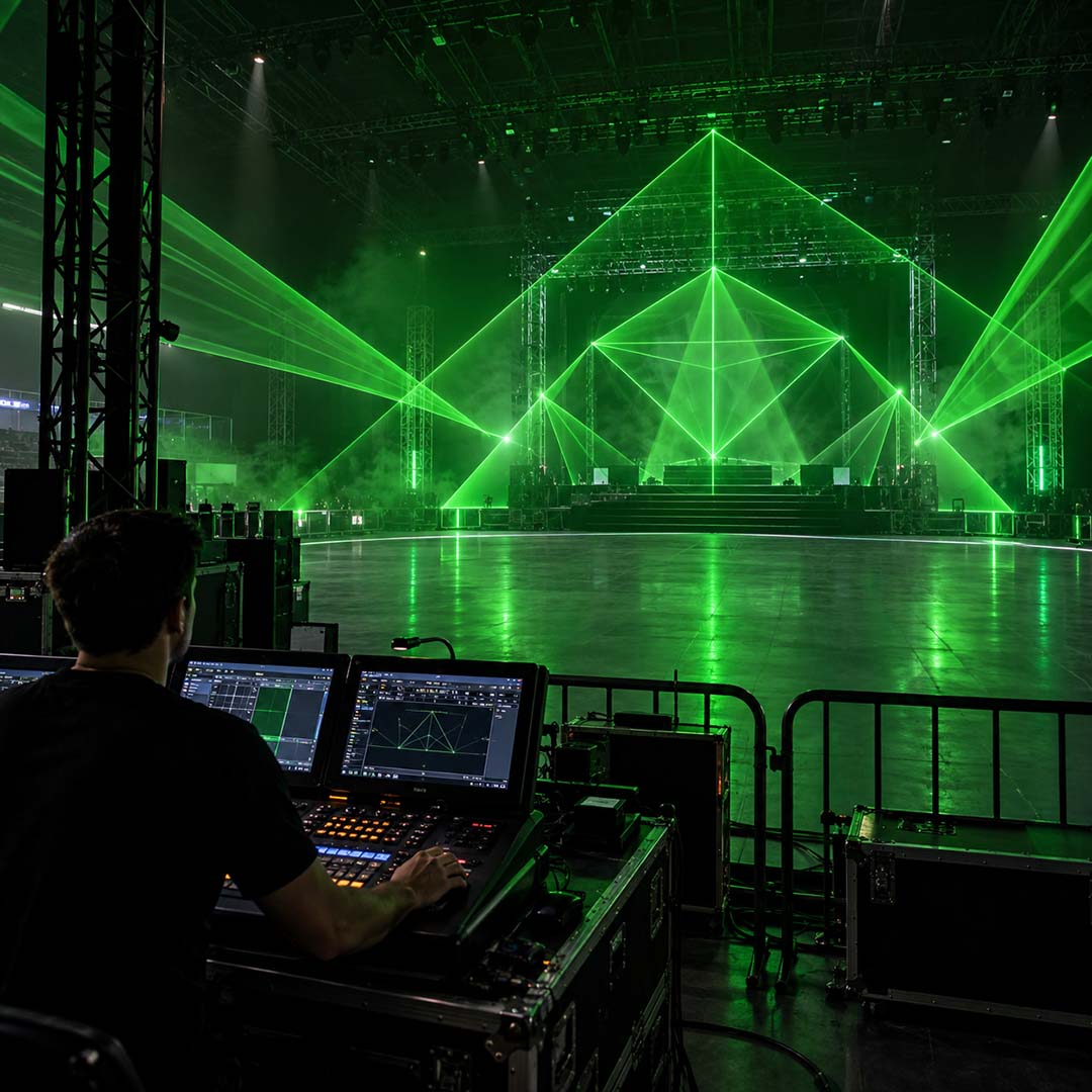 Geometric green laser effects viewed from the show control position