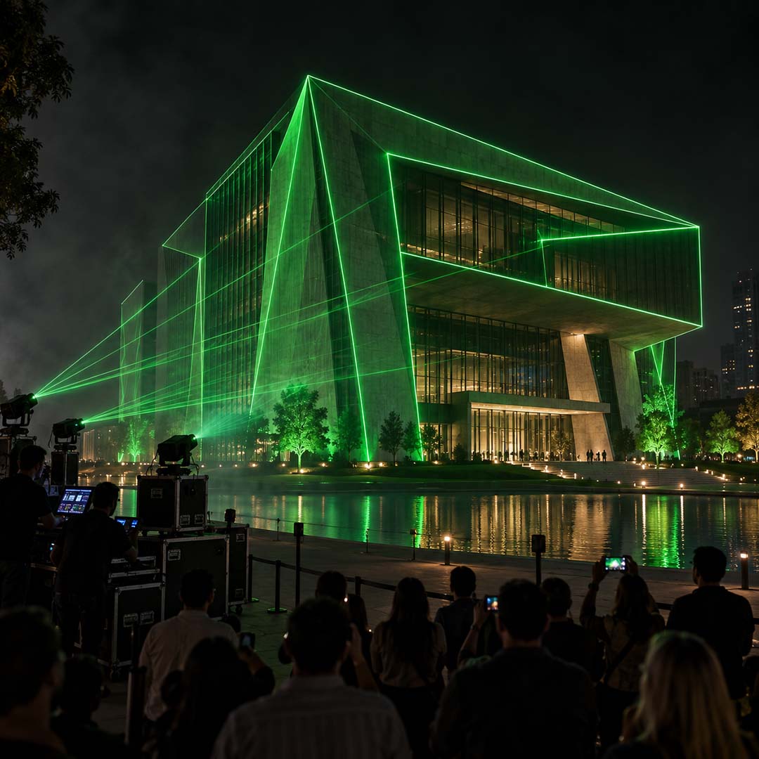 Green architectural laser mapping outlining a building at night