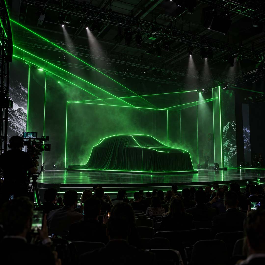 Green laser mapping tracing a stage and product silhouette